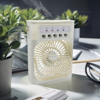 3-in-1 Portable Mini Air Cooler Fan – USB Rechargeable Mist Humidifier with 3-Speed Cooling & LED Night Light