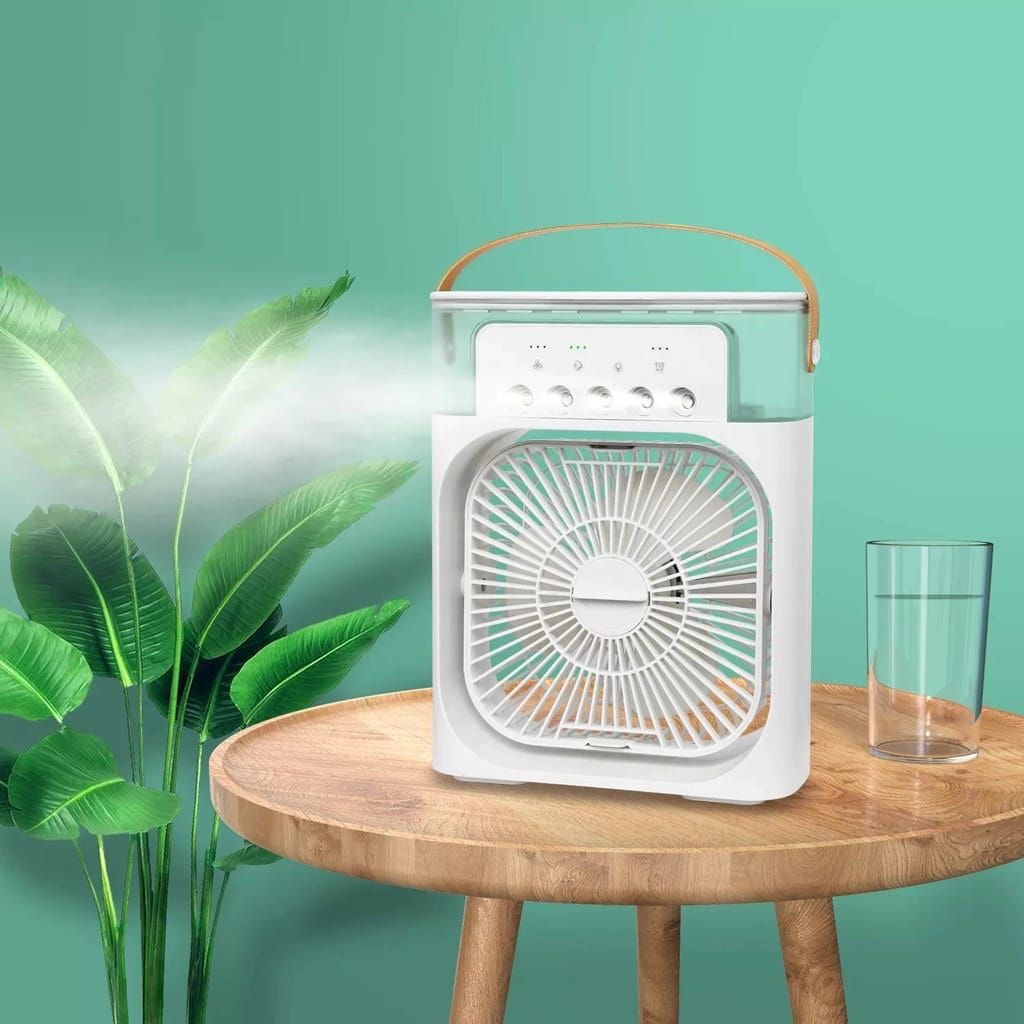 3-in-1 Portable Mini Air Cooler Fan – USB Rechargeable Mist Humidifier with 3-Speed Cooling & LED Night Light