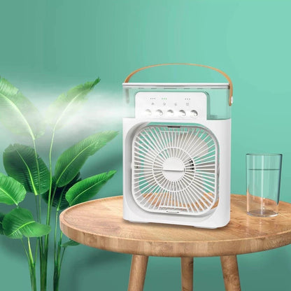 3-in-1 Portable Mini Air Cooler Fan – USB Rechargeable Mist Humidifier with 3-Speed Cooling & LED Night Light