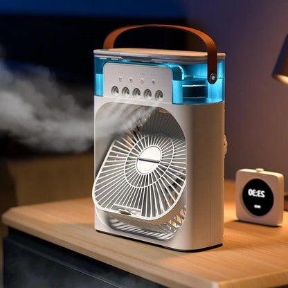 3-in-1 Portable Mini Air Cooler Fan – USB Rechargeable Mist Humidifier with 3-Speed Cooling & LED Night Light
